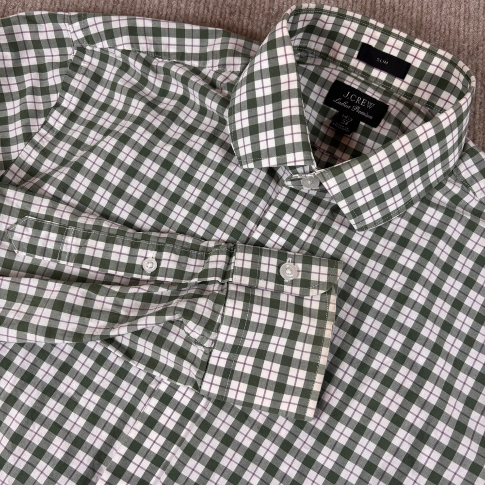 J.Crew Ludlow Premium Slim Fit Green Gingham Button Down Shirt Men Size 14.5/32